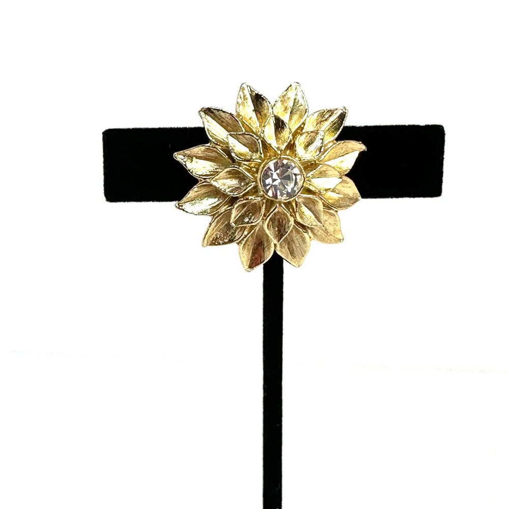 Vintage Gold Tone Layered Flower Brooch with Clear Rhinestone Center 1.75 Inch